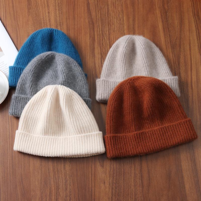 100%Merino Wool Beanies For Women&Men Winter Warm Soft Solid Knitted Thick Skullies Cap Flipped Heap Pullover Cap Ski Bonnet