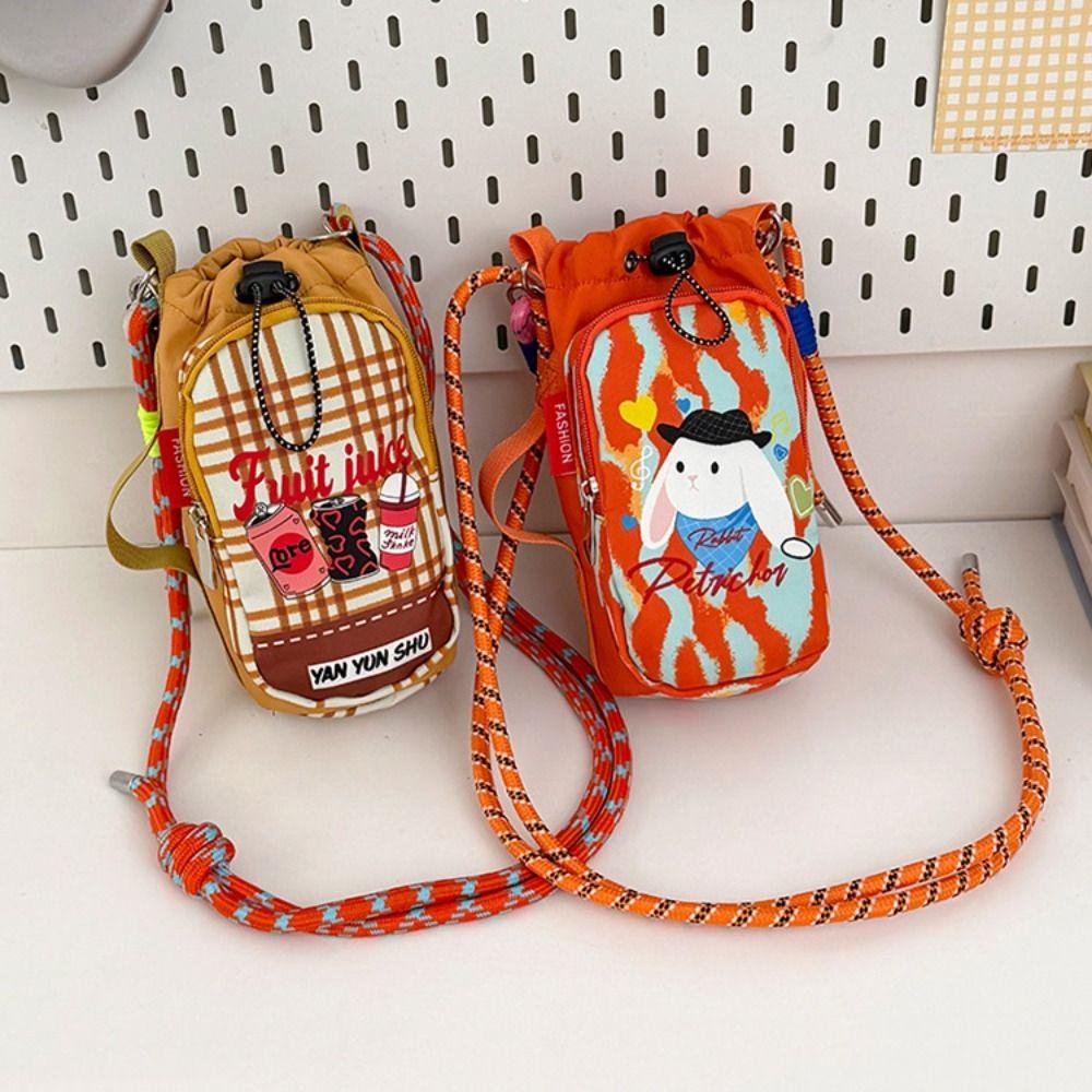 Lightweight Drawstring Crossbody Bag Cartoon Thermal Mugs Carrier Bag Nylon Shoulder Bag Walking