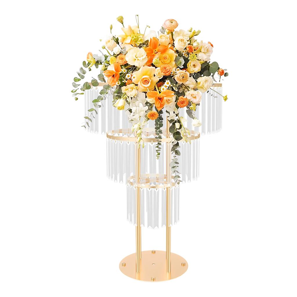 3 Tiers Wedding Vases Centerpieces Crystal Flower Stand, Modern Gold Round Pedestal Stand, Circular Chandelier Base for Wedding