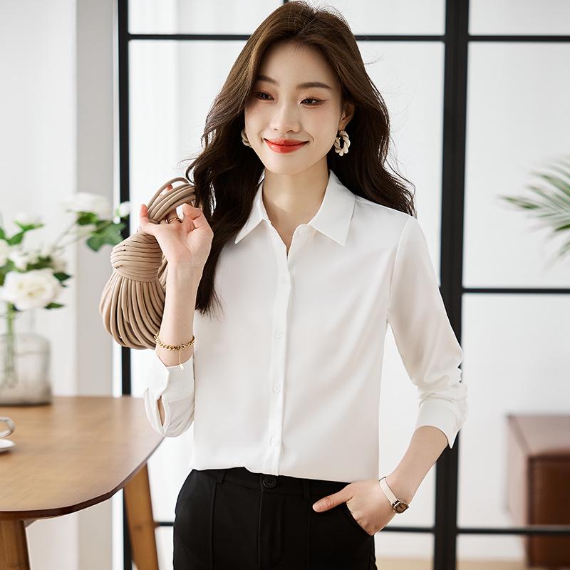 Women's Ash Blue Satin Long Sleeve Shirt - Retro Hong Kong Style, Spring Commute, Concealed Placket, Versatile Drapey Blouse