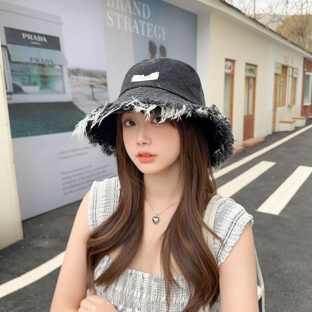 New Raw Edge Washed Denim Hat Denim Blue Tassel Edge Bucket Hat Casual Sun Hat Spring Season