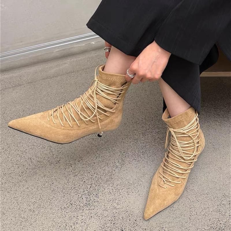 Retro Lace Up Pointed Toe Ankle Boots Women Suede Low Heel Fashion Dress Short Boot Ladies New Autumn Women Boots Botas Mujer