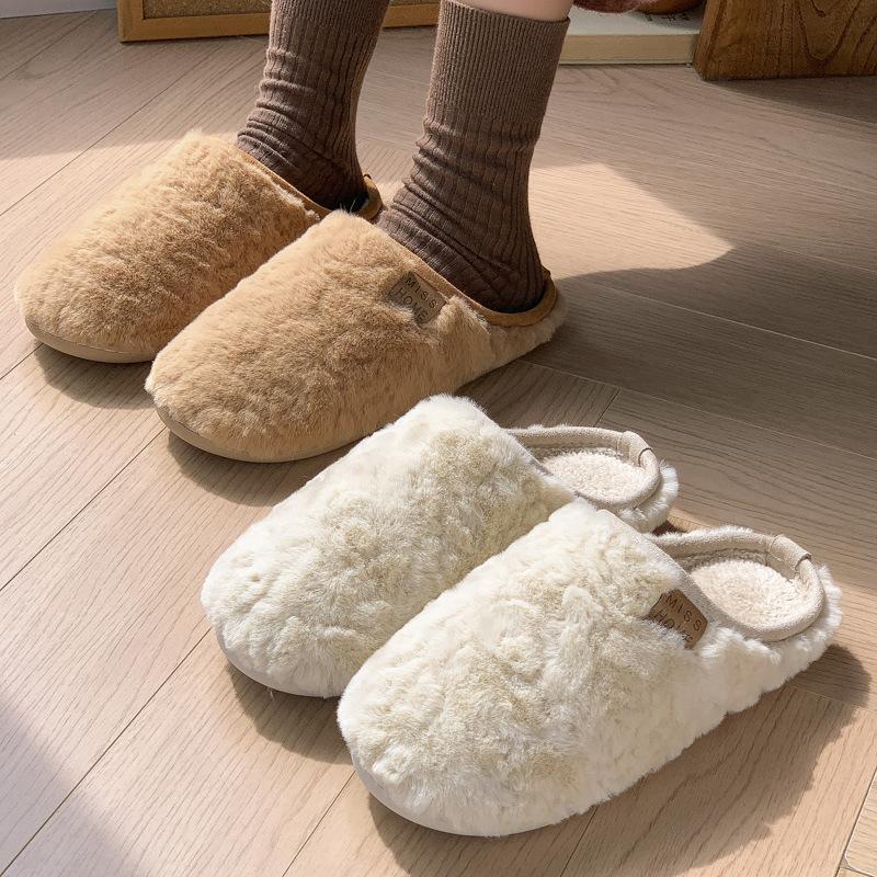 New simple home fluffy slippers autumn and winter couples home imitation rabbit fur piled warm non-slip cotton slippers
