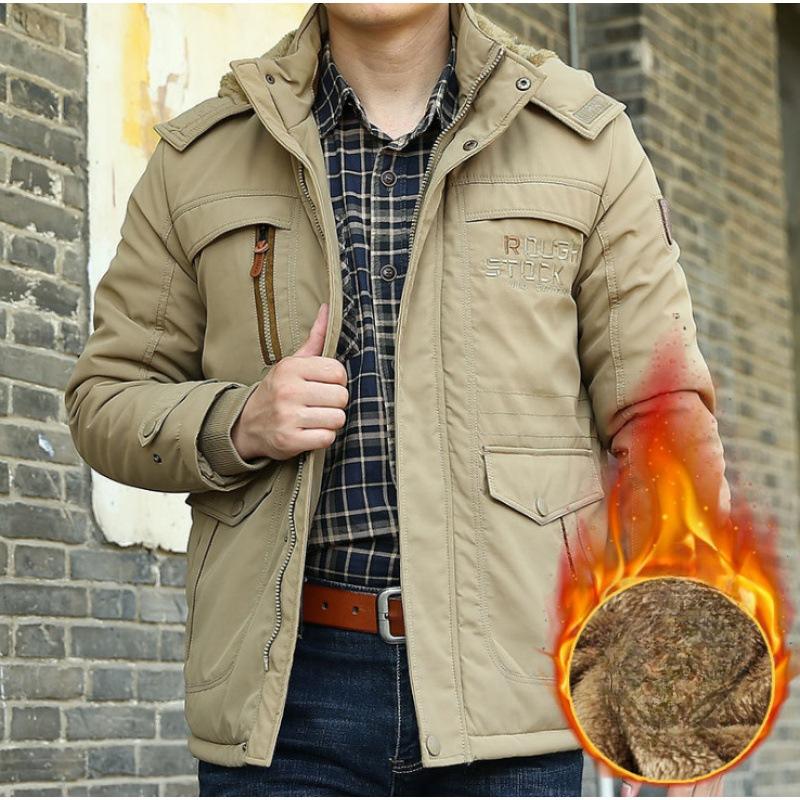 Winter Medium and Long Cotton-padded Jacket with Fleece Thermal Casual Jacket Men's Clothing