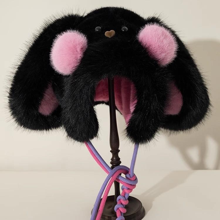 New Versatile Cute Long Ear Blush Rabbit Plush Hat for Women In Autumn and Winter Cold Protection and Warm Ear Protection Lei Feng Hat
