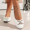 Fashion PU Leather Women's Wedge Low Heel Pumps Round Toe Bowknot Slip on Shoes Comfortable Lady Office Daily Footwear Zapatos De Mujer