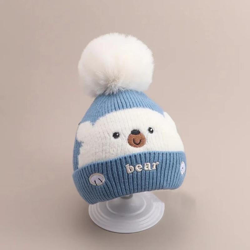 Niedliche Plüschkugel Baby Wollmütze Cartoon Bär Kinder Ohrenschutz Mütze 0-2 Jahre Kinder Winter Warme Überziehmütze Gestrickte Beanies