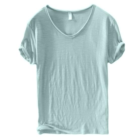 Summer Men Thin Breathable T-shirt V-neck Short Sleeve Solid Color Casual Basic Tees Casual Bottoms Pullover Tops