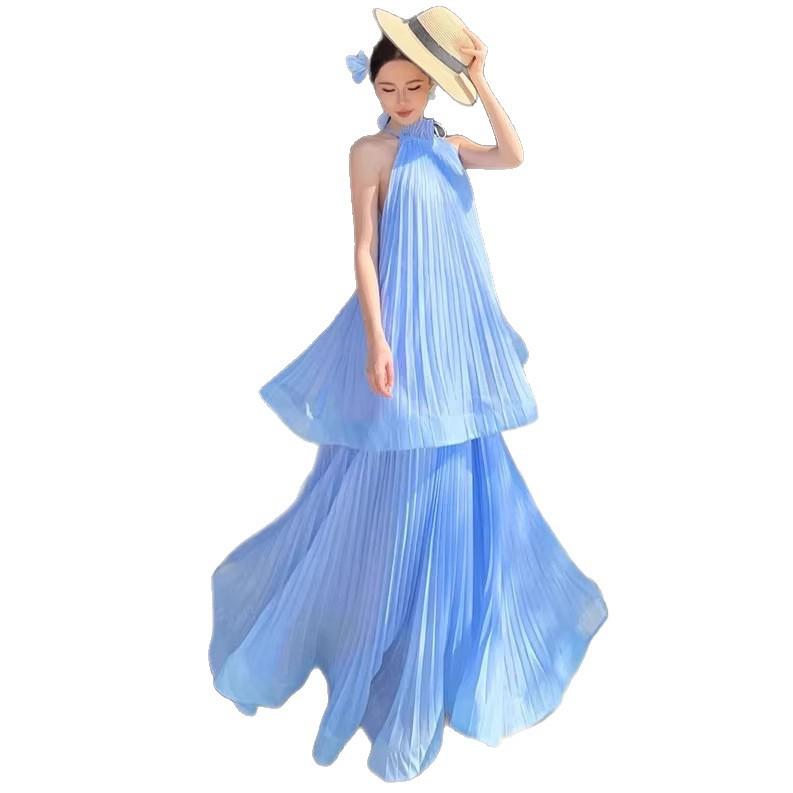 Seaside Holiday Style Blue Fresh and Trendy Neck Long Dress French Sleeveless Ruffle Edge Design Pleated Dress