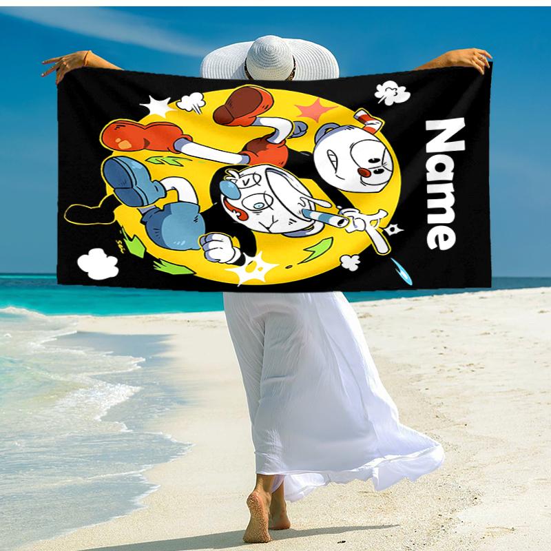 Personalized customized proof beach towel with Cuphead pattern - soft, absorbent, quick-drying, perfect swimming, camping&bathing