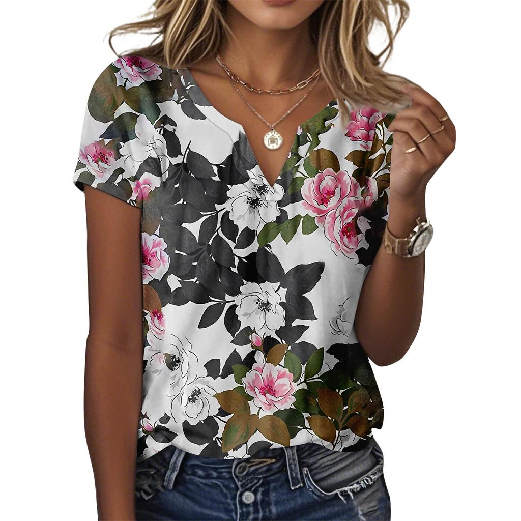 Damen Lässiges T-Shirt mit Blumenmuster, V-Ausschnitt, Pullover, kurzärmelig