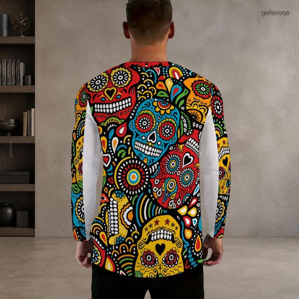 Men Plus Size Black Round Neck Long Sleeve Christmas Neon Printed Pullover T Shirt