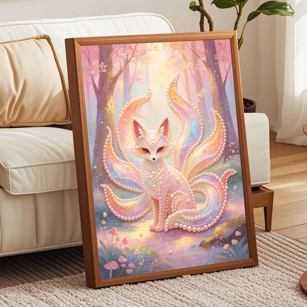 DIY Framed Pearl Painting Kit Ninetailed Fox Pattern Sparkling Bead Canvas Creative Handmade Craft Gift for Women and Adults Relaxation Art