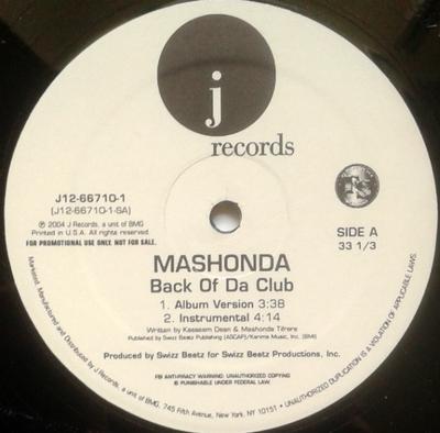 12inch Record MASHONDA - Back Of Da Club J12667101 J 2004 US Rap & Hip-Hop/R&B Used