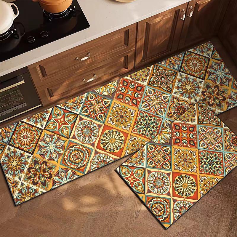 PVC Kitchen Carpet Waterproof Leather Floor Mat Oil-proof Non-slip Long Foot Mats Color Stripes Ethnic Style Home Decoration Rug