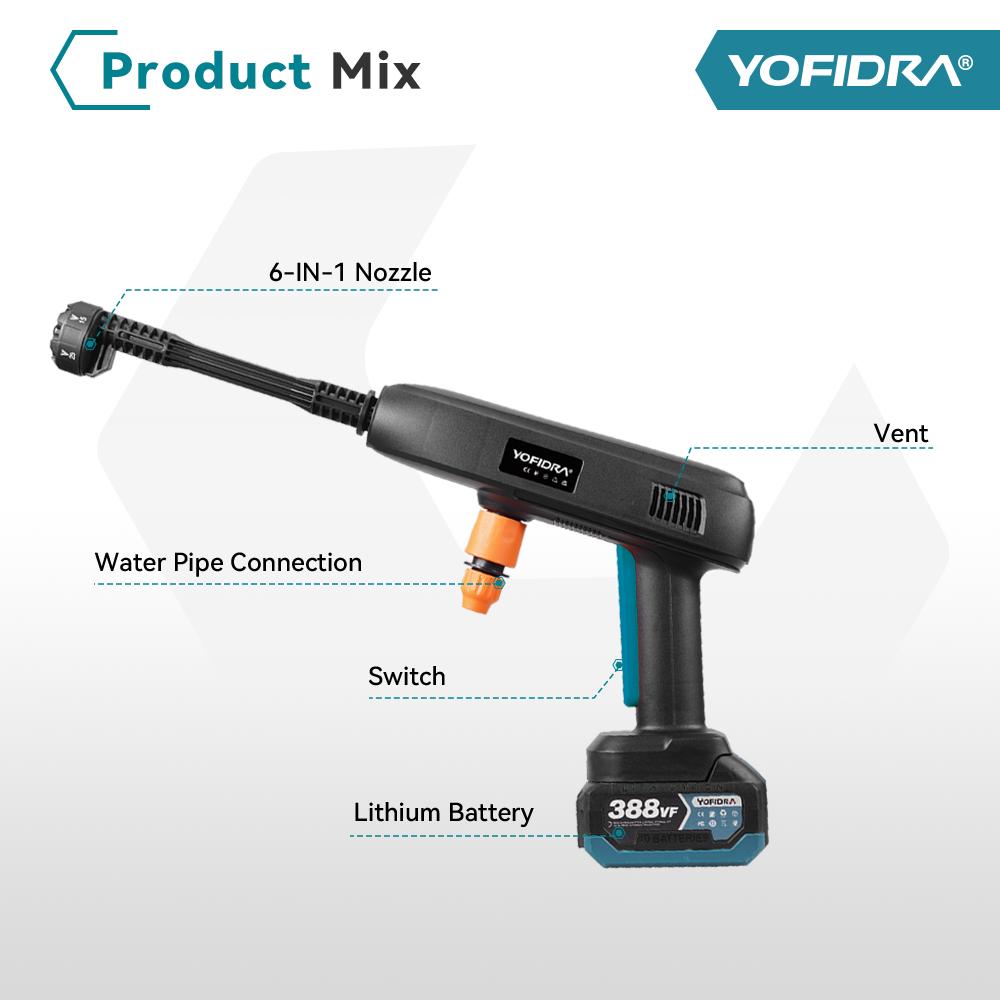 Yofidra 6 IN 1 High Pressure Car Washer Gun with Water Tank Portable Cleaning Tool Garden Spray Gun For Makita 18V Battery Pins