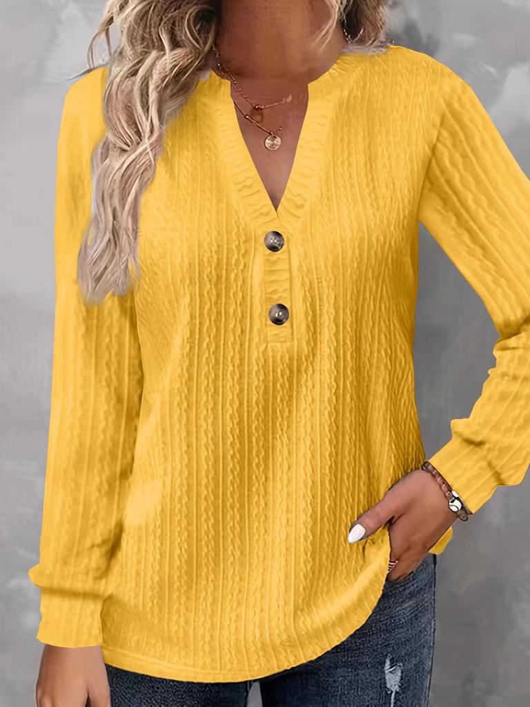 Women Long Sleeve Henley Tunic Top Solid Ribbed Knit V Neck Button Casual Loose Blouse Shirt