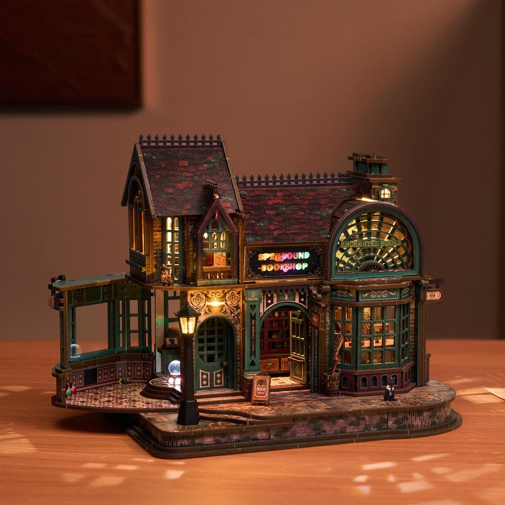 FUNPOLA Magic Bookstore V2 3D Wooden Puzzle, LED Light-Up Assembly Kit, Advanced Level, Difficult DIY Architectural Model, Time Killer, Adult, Interio