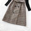 Herbst Winter Neue Lange Ärmel Gestrickte Pullover Pullover Tops + Tweed Mischung Plaid Kurzes Kleid 2 Stück sets Frauen Outfits mit Gürtel