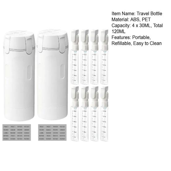 1/2 Sady 120ML 4-v-1 Cestovní láhev Neprosakující Opakovaně použitelný Dávkovač na pleťové mléko, kondicionér, krém, šampon Přenosný Plnitelný Prázdný kontejner na toaletní potřeby