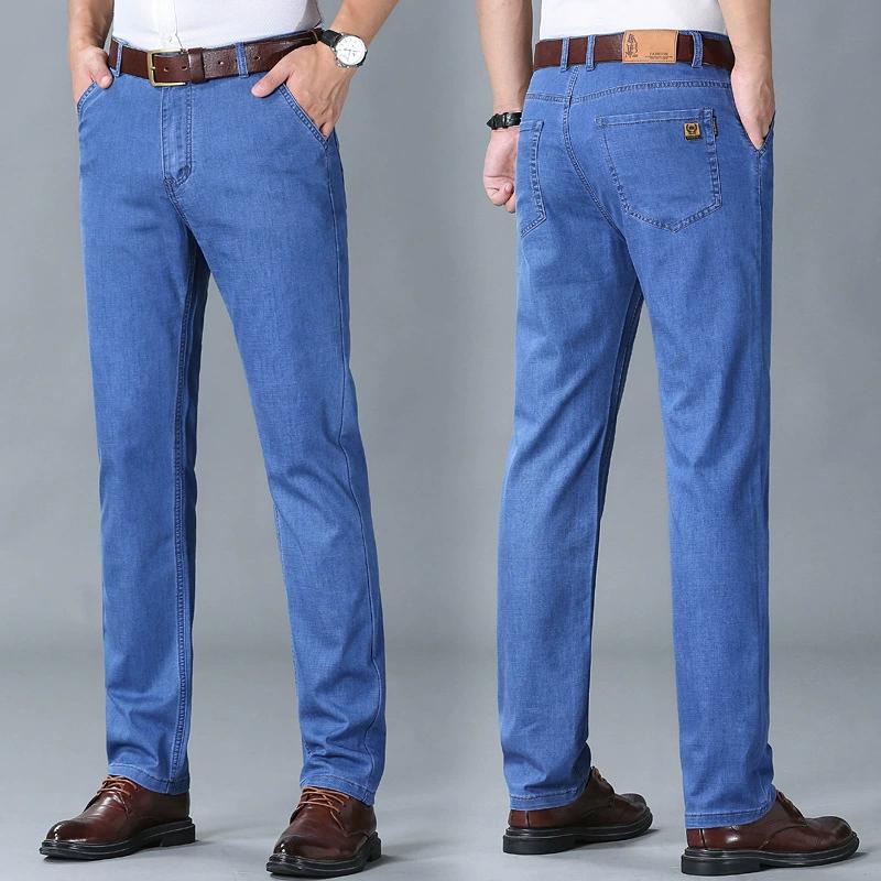 Blugi slim fit pentru bărbați, vară, din bumbac elastic, mătase glacială, stil business, casual, cu picior drept
