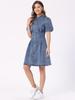Allegra K Women's Denim Puff Sleeve Dress, Short Sleeve, Collared, Button-Down, A-Line, Casual Jeans Dress, Mid Blue, Size S