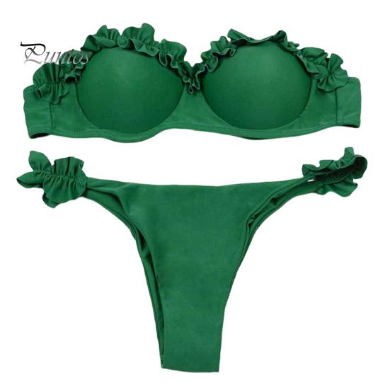 

Женский летний комплект бикини, 2 шт./компл., комплект бандо, бюстгальтер с рюшами и трусами со средней посадкой, купальный костюм с эффектом пуш-ап, разделенный дизайн, купальник M зелёный