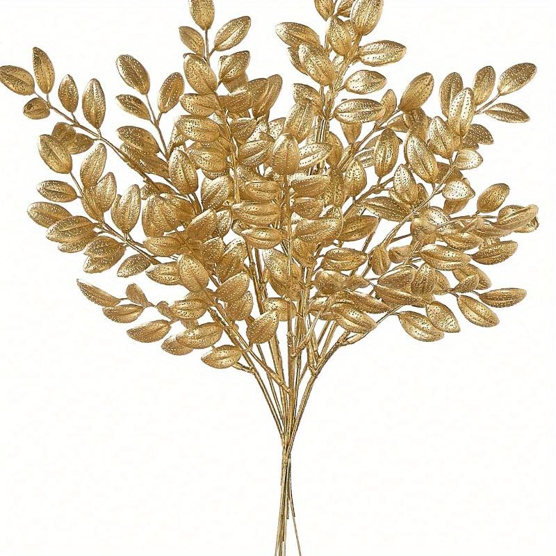 Gold Artificial Leaf Sticks Fake Plants Golden Plastic Leaf Fake Rose Leaves Faux Plant Bushes Artificial Plants for Indoor Outdoor Home