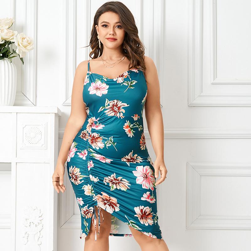 

Женское облегающее платье миди на бретельках с цветочным принтом и шнуровкой