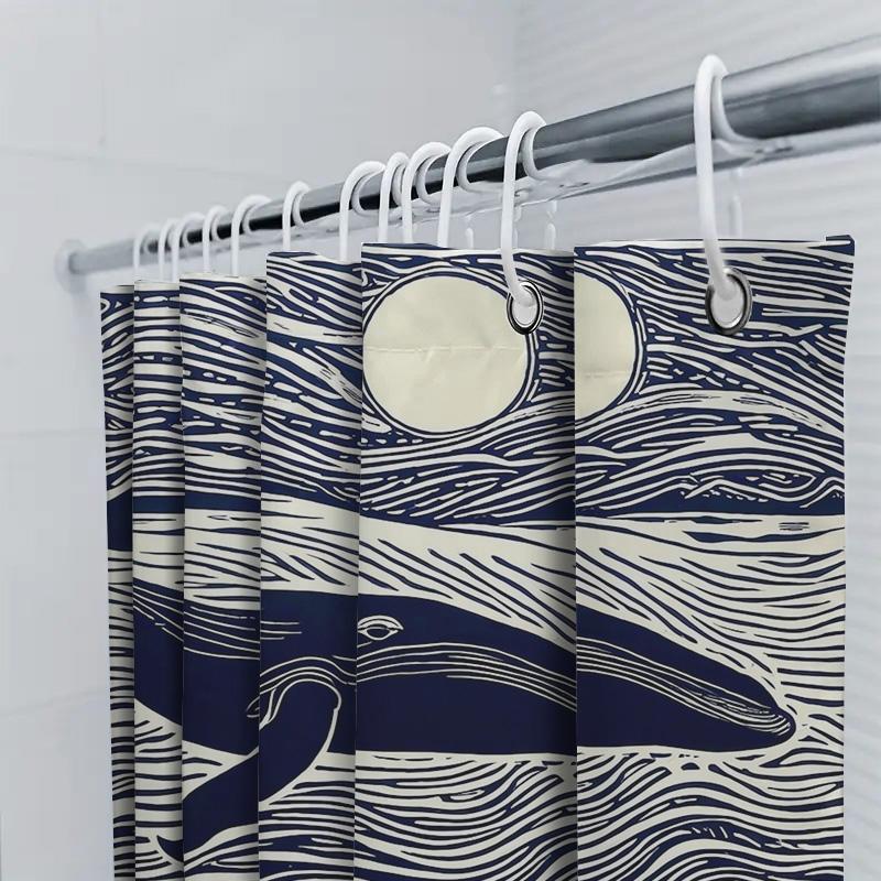 Whale Tail Shower Curtain with Moonlight Waves Blue and White Bath Decor for Bathroom Window Treatment Waterproof Fabric Shower