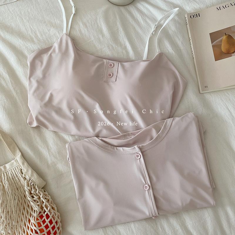 

Sexy pajamas with chest pads, women s summer new cold silk suspender pajamas, shawl two-piece anti-bumping set m (40-55kg)