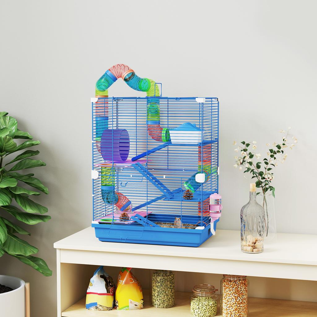 5-Tier Hamster Cage with Tubes, Wheel, Ladders, House and Bottle, 46x30x58 Cm