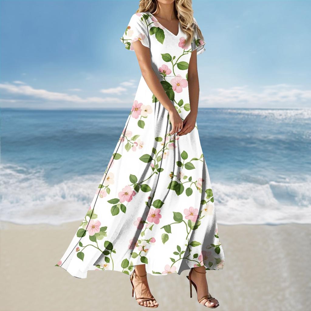 Women's Summer Casual V Neck Short Sleeve Maxi Dress with Floral Print Lightweight Relaxed Fit Flowy Design for Daily Wear