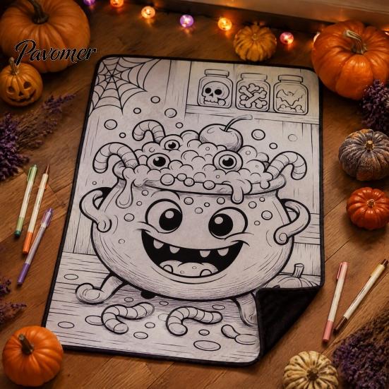 Kreativní relaxační dárky pro teenagery Halloweenská DIY deka k vybarvení se 24 fixami, Vlastní vybarvení přehozu, Dekorativní deka do obývacího pokoje, Duch a dýně