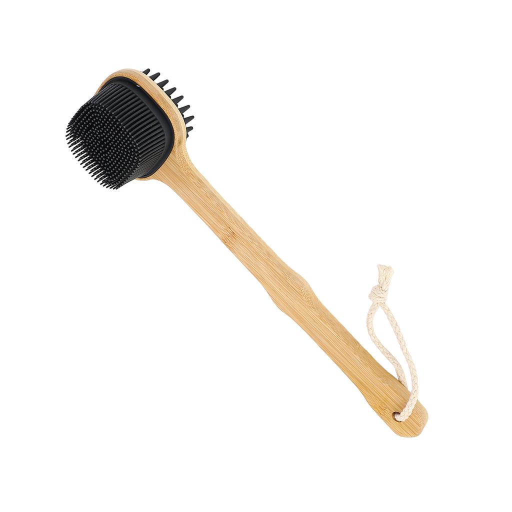 Bath Brush Double Sided Silicone Bristle Shower Brush Bamboo Wood Long Handle Back Scrubber Brush wi