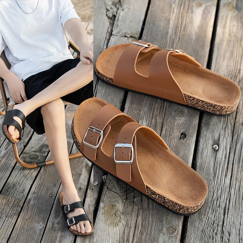 New Cork Flip-flops Male Couple Retro Two Buckle Men Women Unisex Slides Slippers Casual Beach Sandals