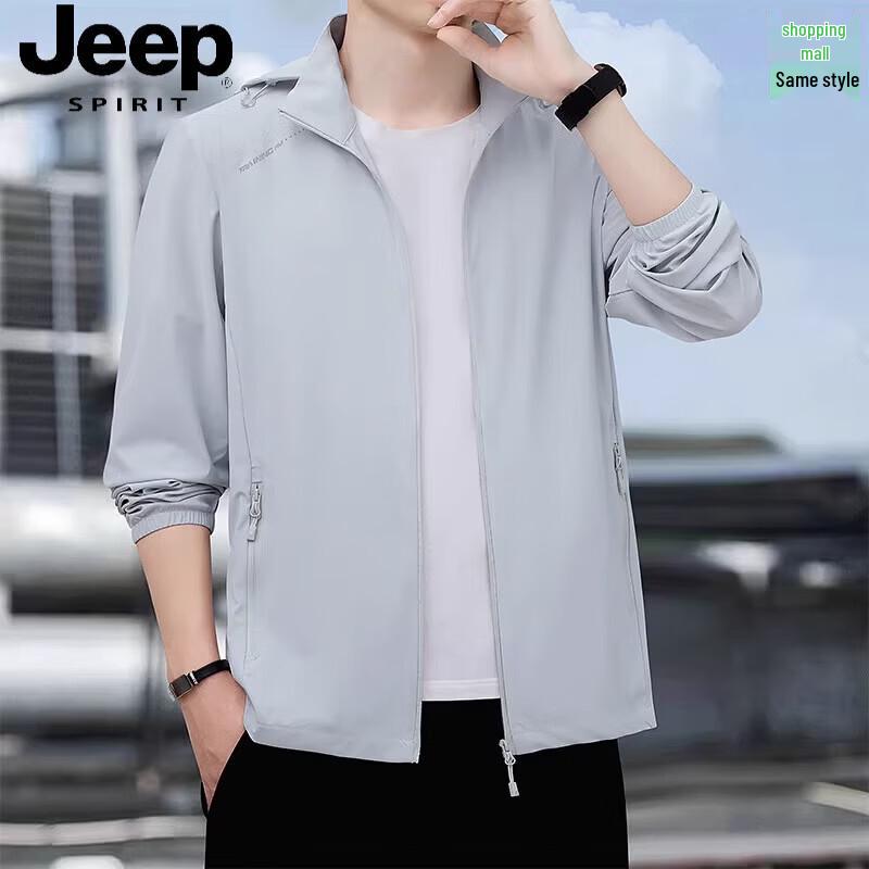 JEEP SPIRIT Men's Thin Ice Silk Sun Protection Jacket with Detachable Hood