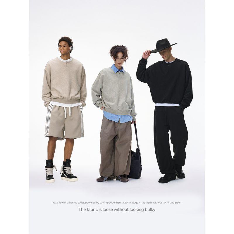 American-Style Fog Retro Henry Collar Sweatshirt for Men, 2025 Autumn Trendy Brand, Boxy Loose High Street Solid Color Warm Top