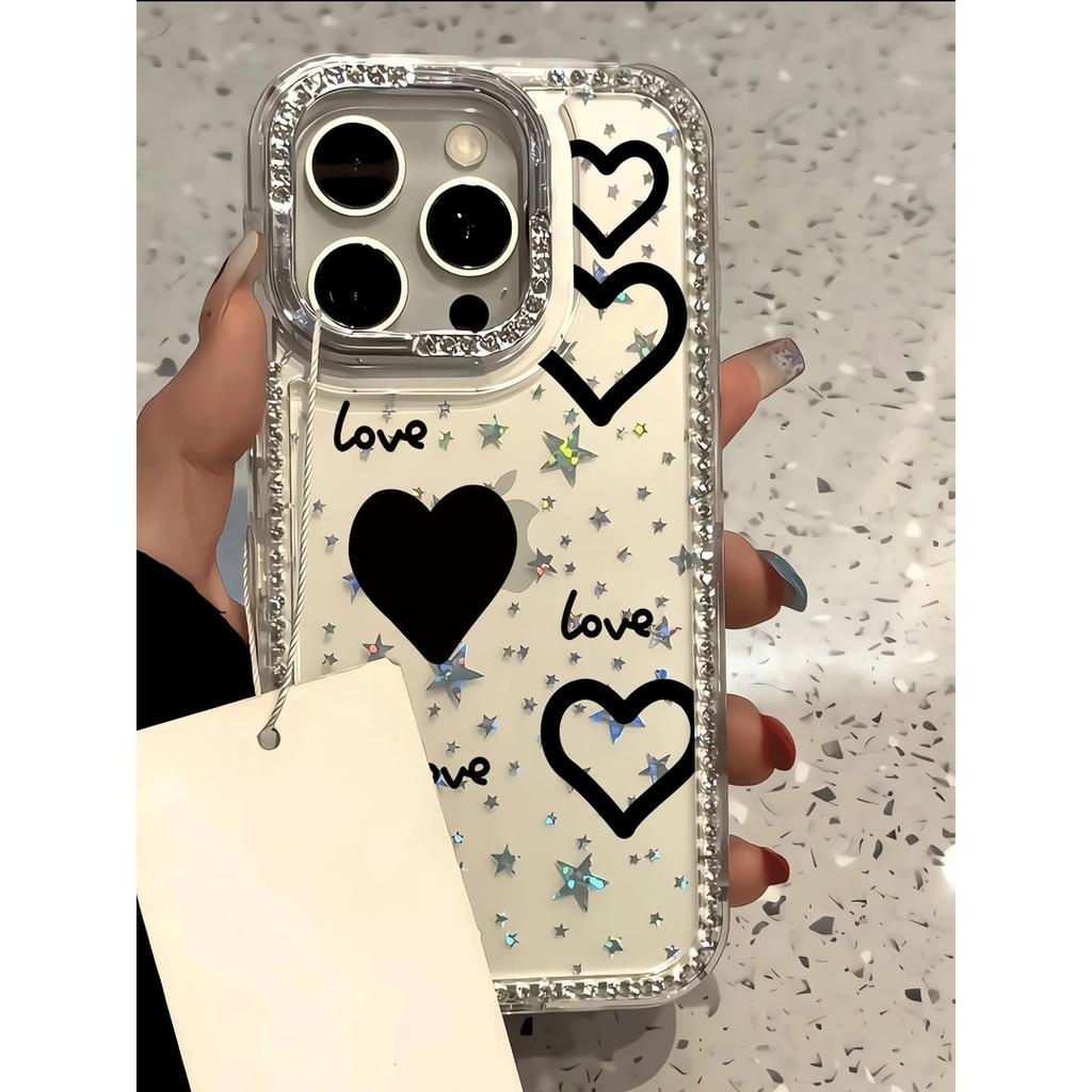 Love Black Love Applies To Apple iPhone16/17Pro Mobile Phone Case 15 Flash Diamonds 13 Advanced 14 Large Holes