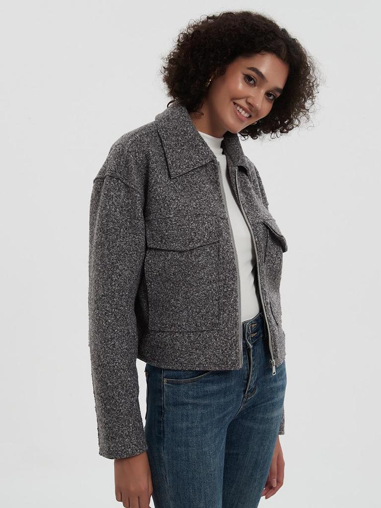 Women's European & American Style Grey Wool Coat with Turn-Down Collar, Large Pockets, for Autumn & Winter