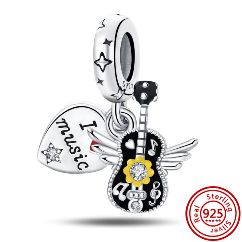 New 925 Copper Piano Saxophone Guitar Music Notation Earphone Pendant Beads Fit Original Pantaro Charms Bracelet Women Zircon