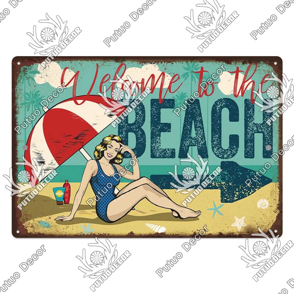 Putuo Decor Beach Vintage Tin Signs Plaque Metal Plate Retro Summer Posters Wall Art Decor Seaside Bar House Room Iron Painting