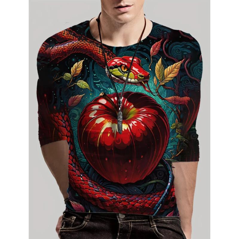 Round Neck 3D Snake Printed Top Casual Long Sleeved Men's T-shirts - Soft Medium Stretch Polyester Fabric Spring and Autumn Relaxed Fit Clothing