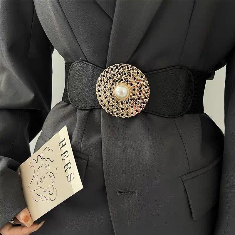 European and American Style Pearl Waist Seal for Women Women's Decorative Elastic Elastic Waist Belt Fashion Trend Pearl Square Buckle Wide Waist Belt