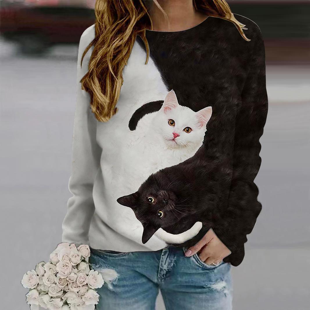 

Топы для женщин 3D Vision Funny Cat Print Round Neck Long Sleeve T Shirt Fall Casual Slim Pullover Women s Long Sleeve Top S чёрный