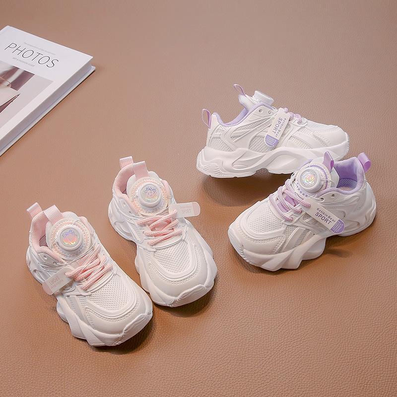 Girls' Sports Shoes 2025 Summer New Children's Knob Single Mesh Shoes Girls' Mesh Breathable Little White Shoes Medium and Old Children