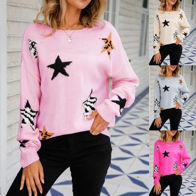 Ladies Fashion Sweater RoundNeck Stars Long Sleeve Knit Pullover Sweater