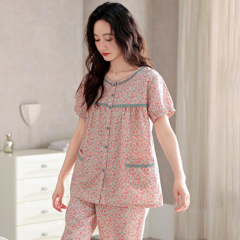 Woven cotton gauze pajamas women's summer pure cotton cropped pants autumn cotton large size summer thin loungewear