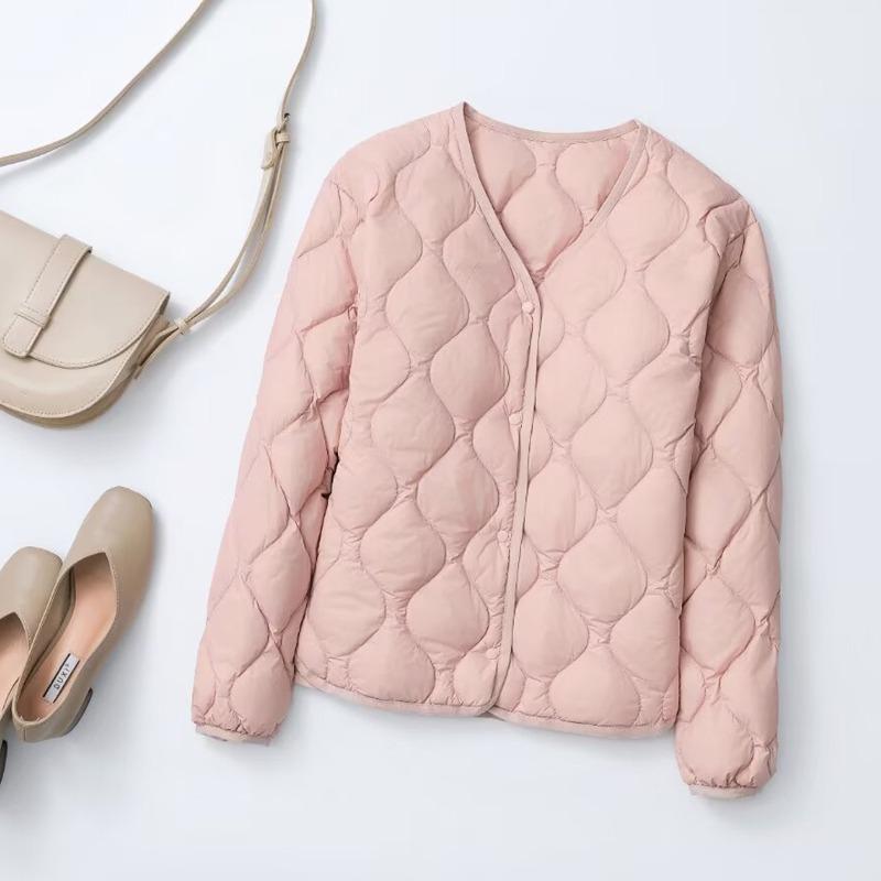 Autumn and Winter Short Rhombus Round Neck Collarless Light Down Jacket Women's White Duck Down Liner with Casual Jacket