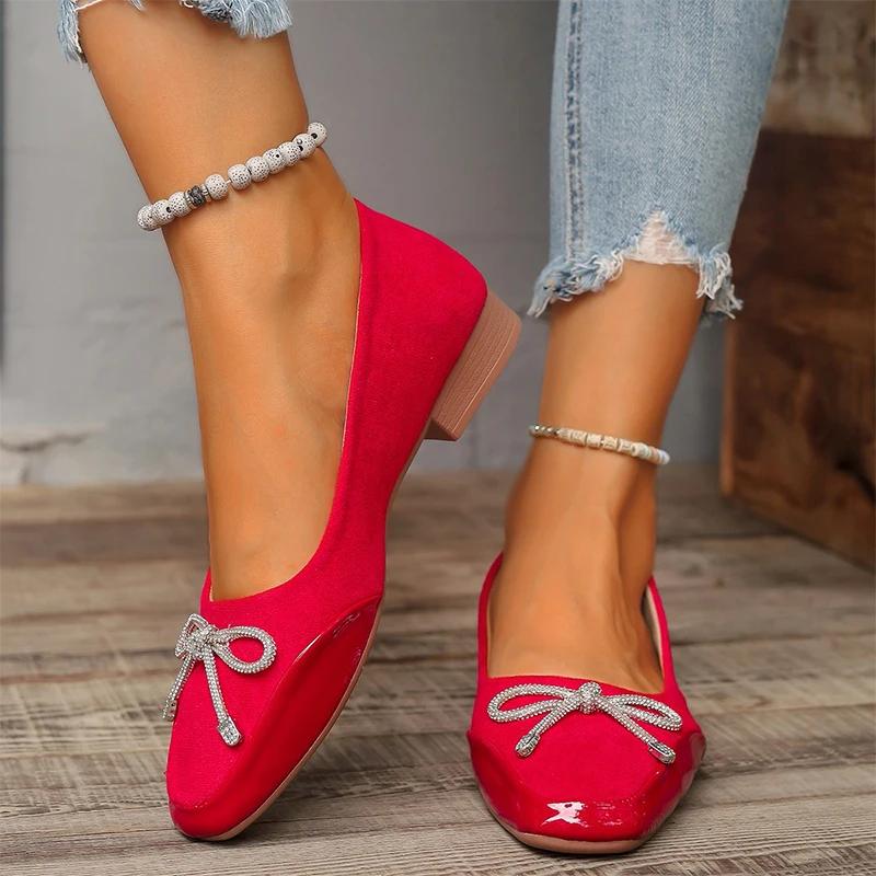 Fashion Women Bow Crystal Shallow Flats Shoes Autumn Designer Square Toe Shoes 2024 New Walking Casual Shoes Cozy Dress Chaussures Femme